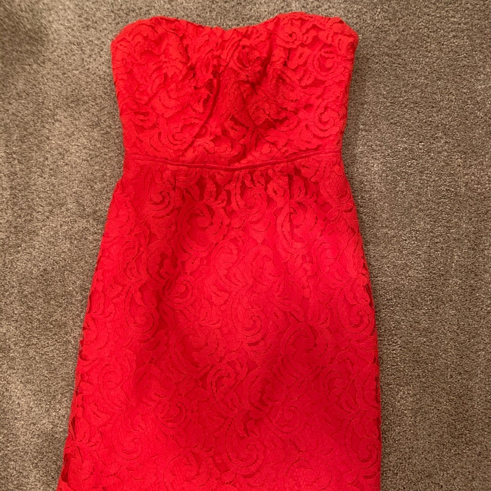 Red/coral strapless lace dress from J Crew